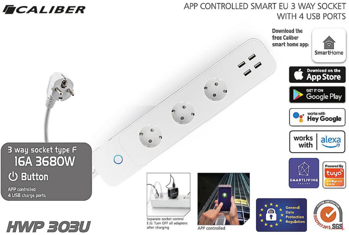 Grenuttag med USB & Wifi - GRENKONTAKT CALIBER SMART 230V 3-230V UTTAG+4 USB UTTAG