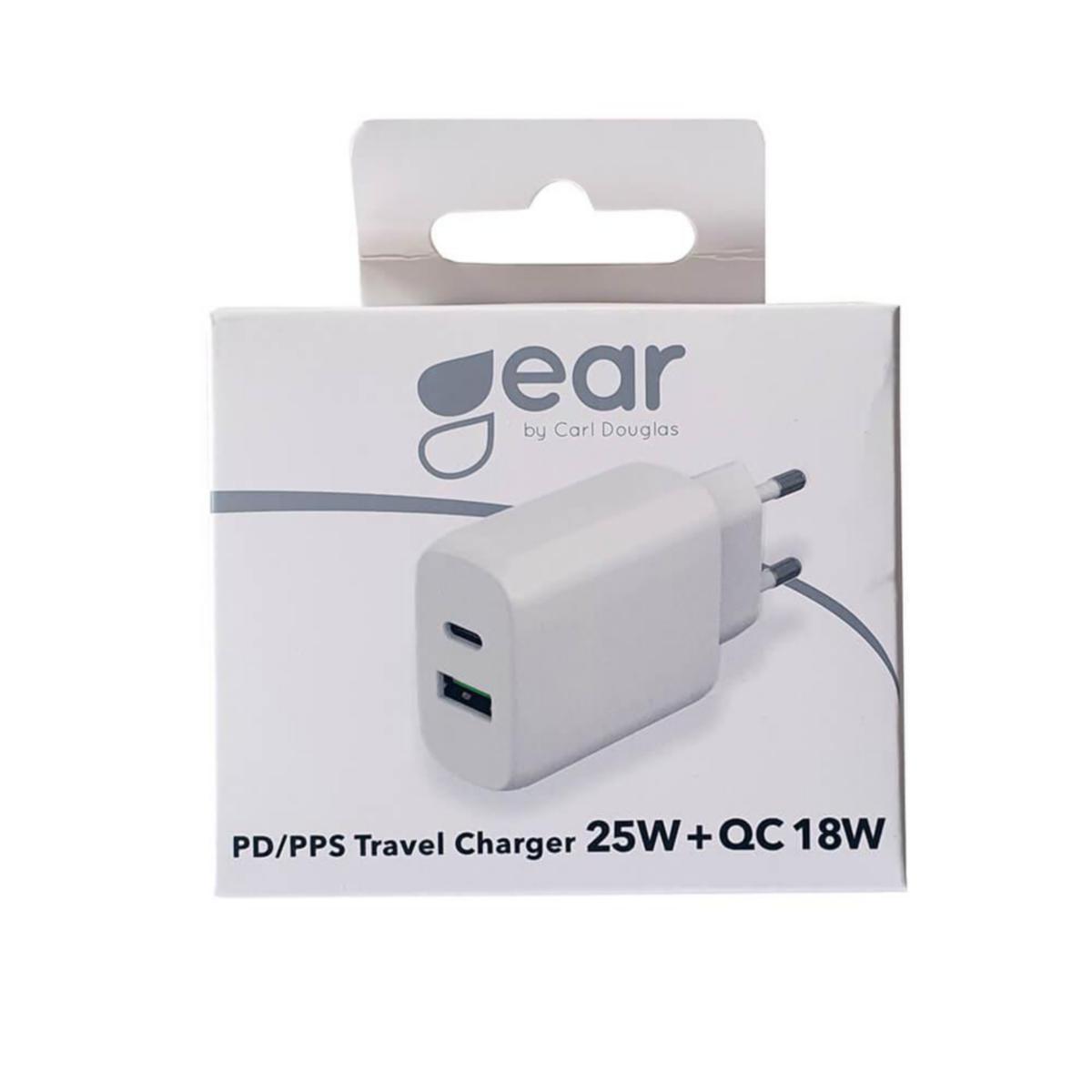Väggladdare, USB-A + USB-C, PD/ PPS och QC - VÄGGLADDARE USB-C + USB-A PD/PPS 25W + 18W QC VIT GEAR