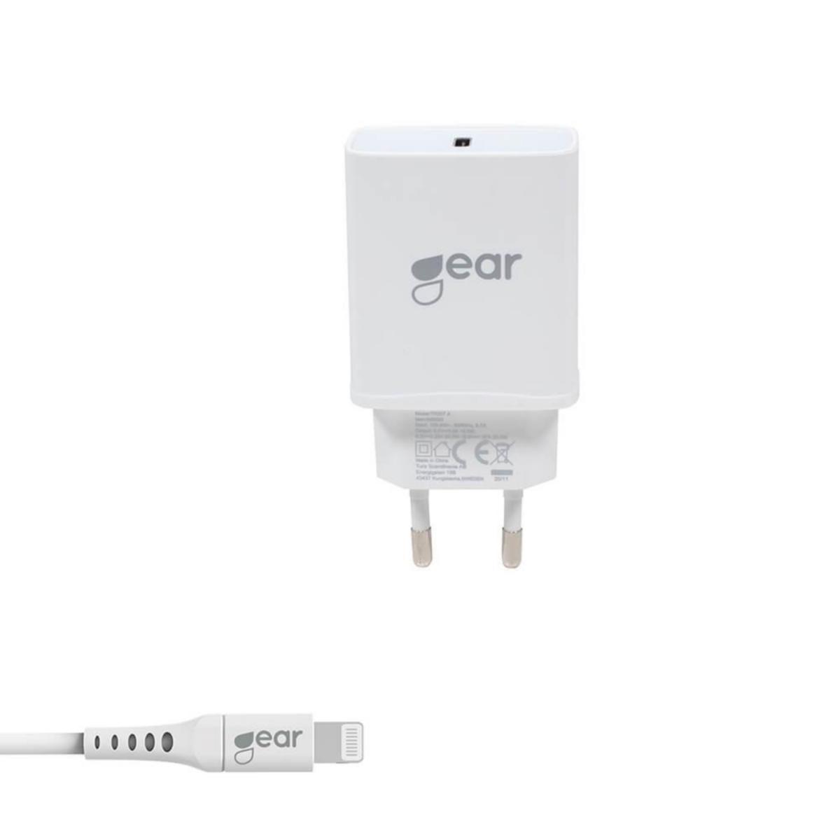 Väggladdare, USB-C, PD, inkl. Lightning kabel - VÄGGLADDARE USB-C PD 20 W VIT INKL LIGHTNING KABEL GEAR
