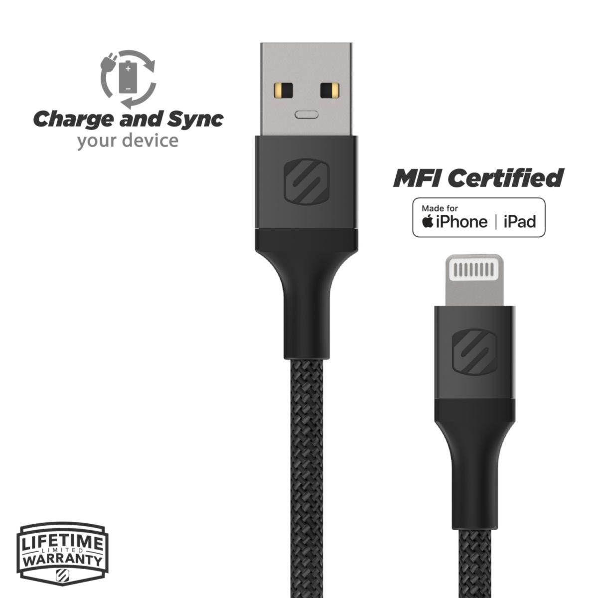 Ladd/synkkabel, flätad, USB-A till Lightning - LADD/SYNKKABEL 1.2M USB-A TILL LIGHTNING FLÄTAD SVART SCOSCHE