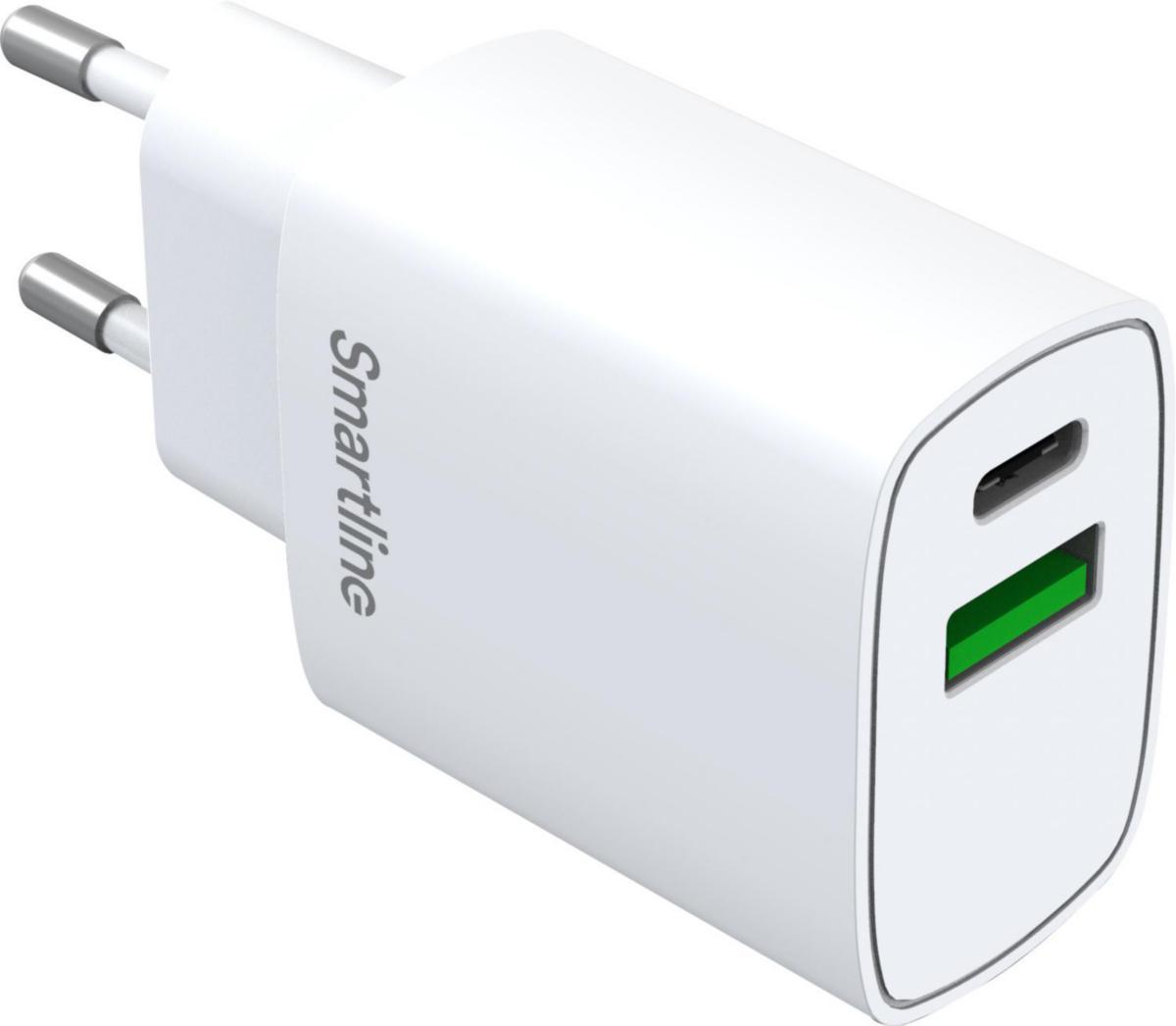 Väggladdare, USB-A + USB-C, PD och QC - VÄGGLADDARE USB-C + USB-A PD 20 W + QC 18 W VIT SMARTLINE