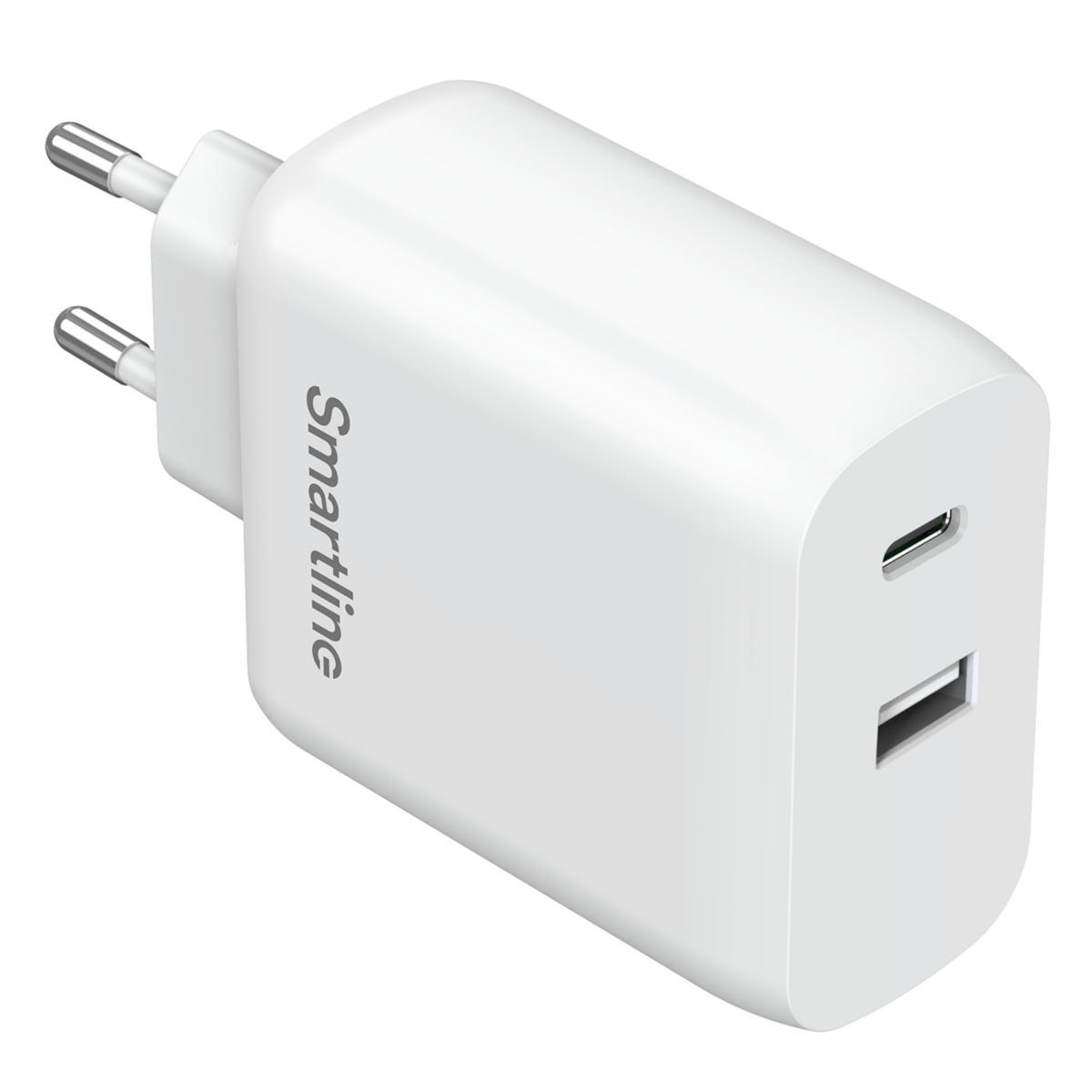 Väggladdare, USB-C, PD + USB-A, QC - VÄGGLADDARE USB-C + USB-A PD 65 W + QC 12 W VIT SMARTLINE